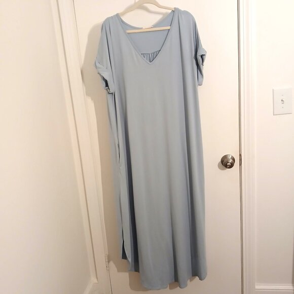 Entro Long Maxi Dress 2X Lt Blue V-neck Oversized Short Sleeve Jersey Knit - Picture 1 of 9